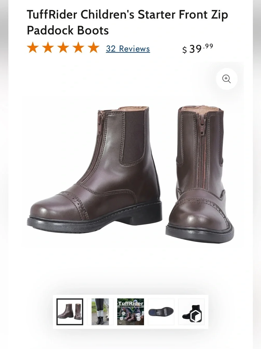 TuffRider Children's Starter Front Zip Paddock Boots Dark Brown